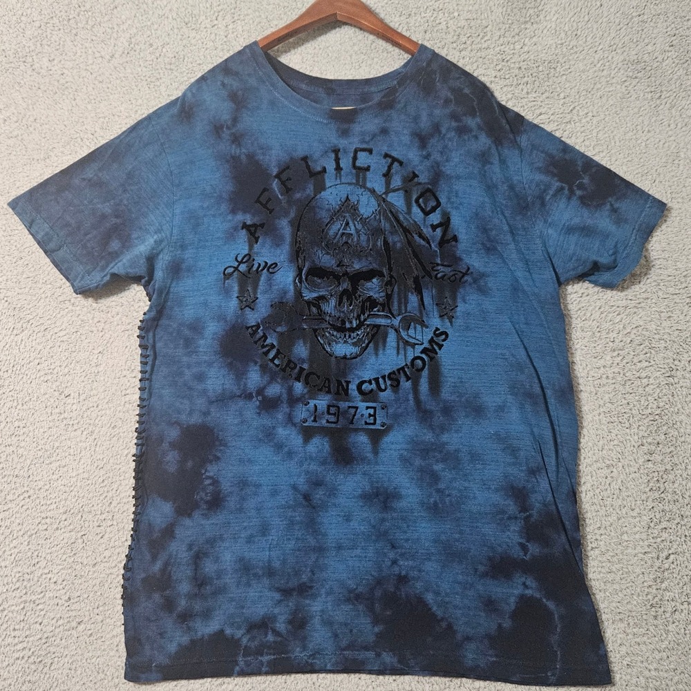 Affliction Men's Y2Kâ American Customs Skulls Tie Dye Blue T-Shirt Size 2XL XXL